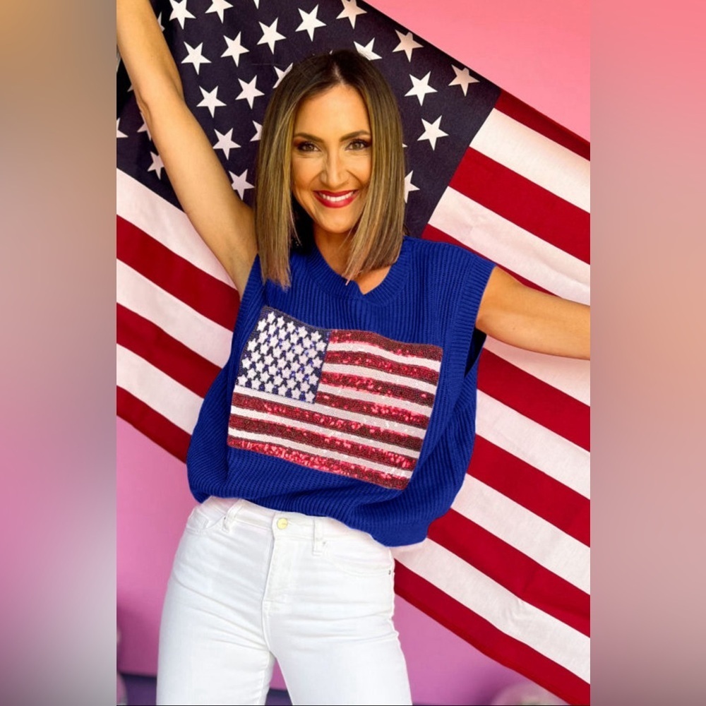 New Boutique Sequin Sparkle American Patriotic Holiday Sweater July 4th